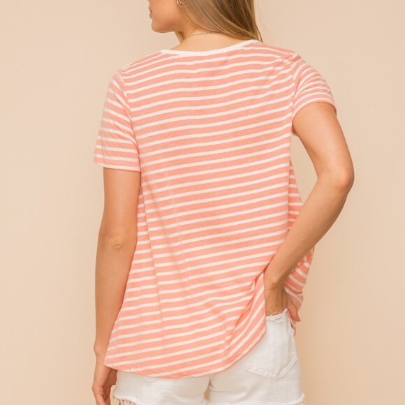 HEM & THREAD Soft Coral & White Striped Tee, Classic Crew Neck Short Sleeve Top - Picture 3 of 5